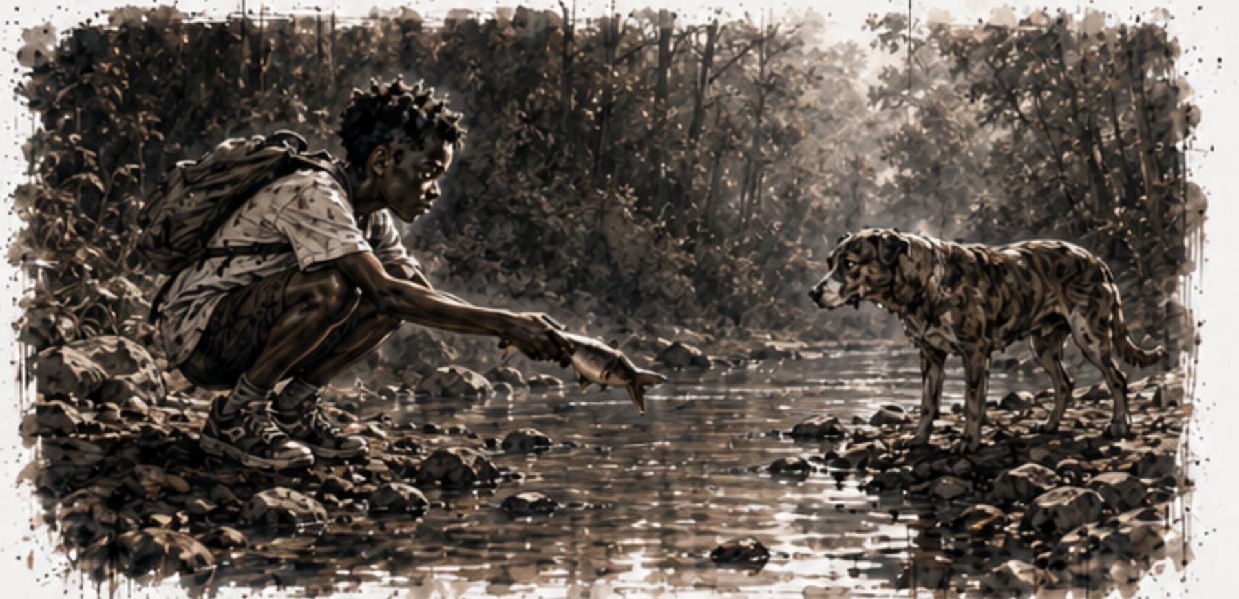 Monochrome visual-development artwork of Hambi offering food to a stray dog across a forest stream.